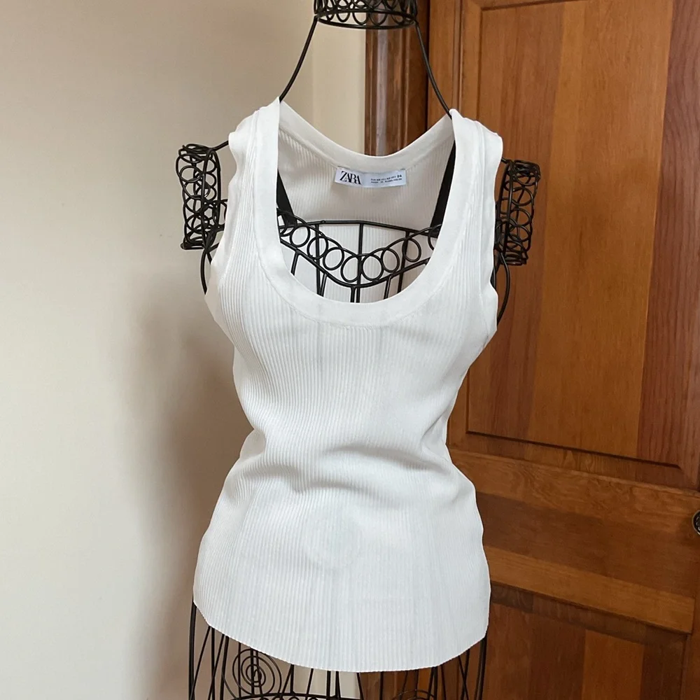 Zara White Ribbed Tank Top XS - Picture 1 of 5